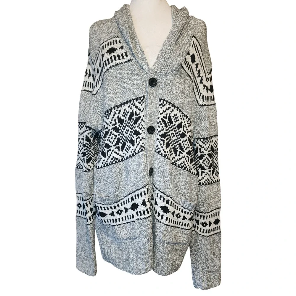 Old Navy Mens XL Gray Black Fair Isle Shawl Collar Button Cardigan Wool Blend